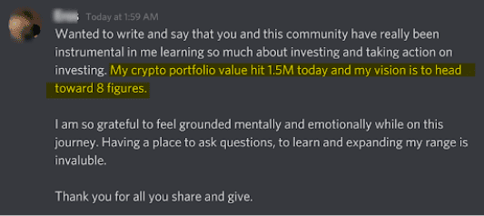 Wealth Incubator member testimonial screenshot about investing through market cycles with more confidence.