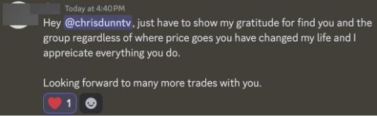 Wealth Incubator member testimonial screenshot from a long-term community member.