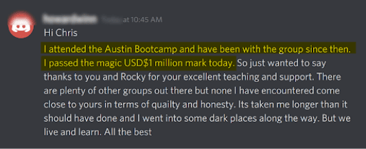 Wealth Incubator member testimonial screenshot about a personal investing milestone.