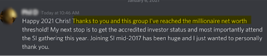 Wealth Incubator member testimonial screenshot about reaching a seven-figure portfolio.